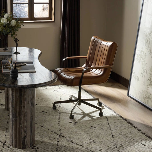 Lemmy Desk Chair by Four Hands in sonoma chestnut, brushed brass. Made from top grain leather, iron in a unique style.