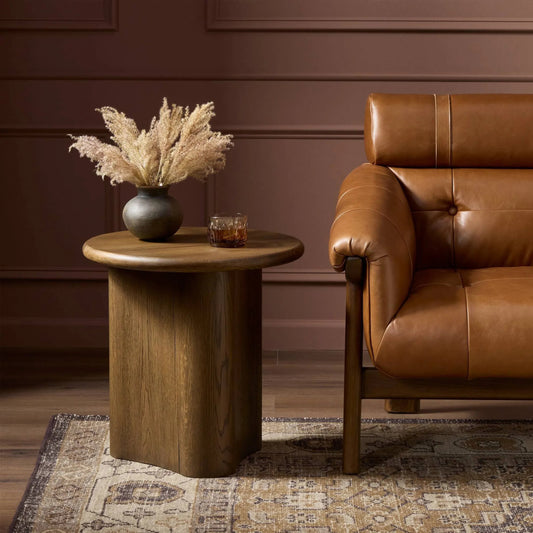 Waylie End Table by Four Hands in rustic fawn veneer. Made from thick oak veneer, solid oak in a unique style.