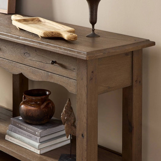 Bayla Console Table by Four Hands in brown oak veneer, weathered oak. Made from thick oak veneer, solid oak in a transitional style.