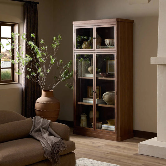 Gleason Cabinet by Four Hands in dark brown walnut veneer. Made from walnut veneer, solid walnut in a transitional style.
