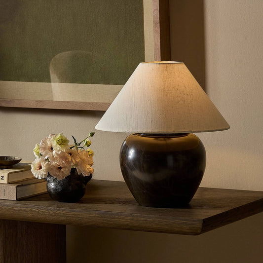 Denver Table Lamp by Four Hands in brown italian marble, oil rubbed bronze, cream linen. Made from solid marble, iron, 80% flax/linen, 20% polyester in a unique style.