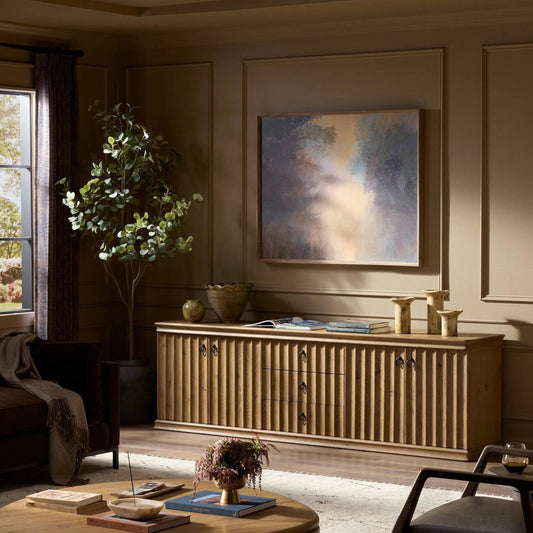 Cambra Media Console by Four Hands in drifted oak, drifted oak veneer. Made from solid oak, thick oak veneer in a traditional style.