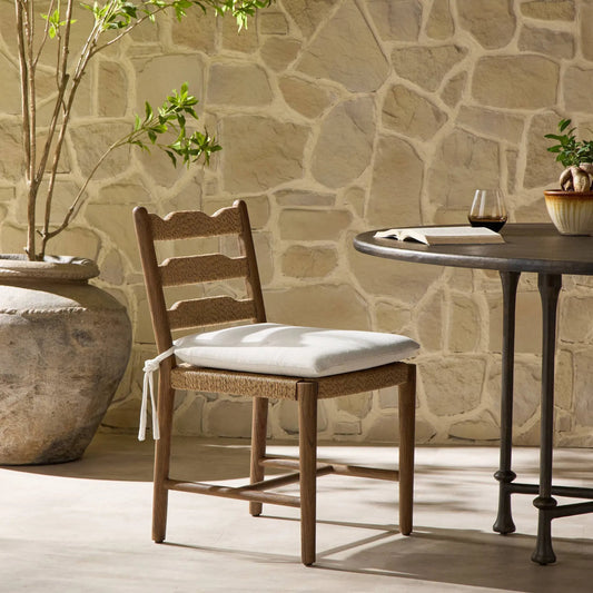 Kalmara Outdoor Dining Chair by Four Hands in alessi linen, stained toasted brown-fsc, faux dark hyacinth. Made from 100% polypropylene, solid fsc®-certified teak, 100% polyethylene in a transitional style.