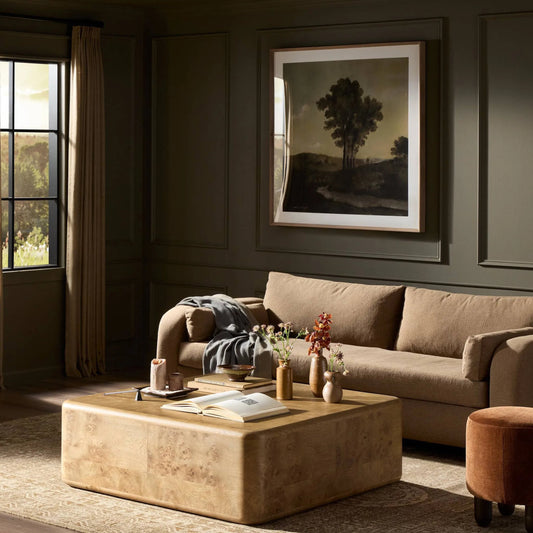 Talessi Square Coffee Table by Four Hands in wheat medium burl oak, wheat medium burl oak solid. Made from oak veneer, solid oak in a unique style.