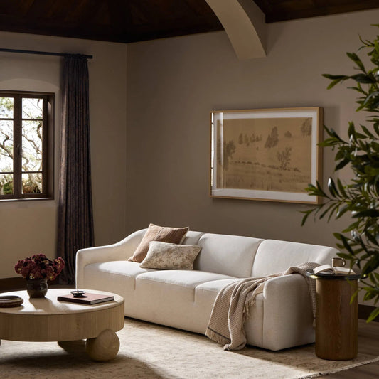 Nellie Sofa by Four Hands in crypton nomad snow. Made from 92% polyester, 8% flax/linen in a unique style.