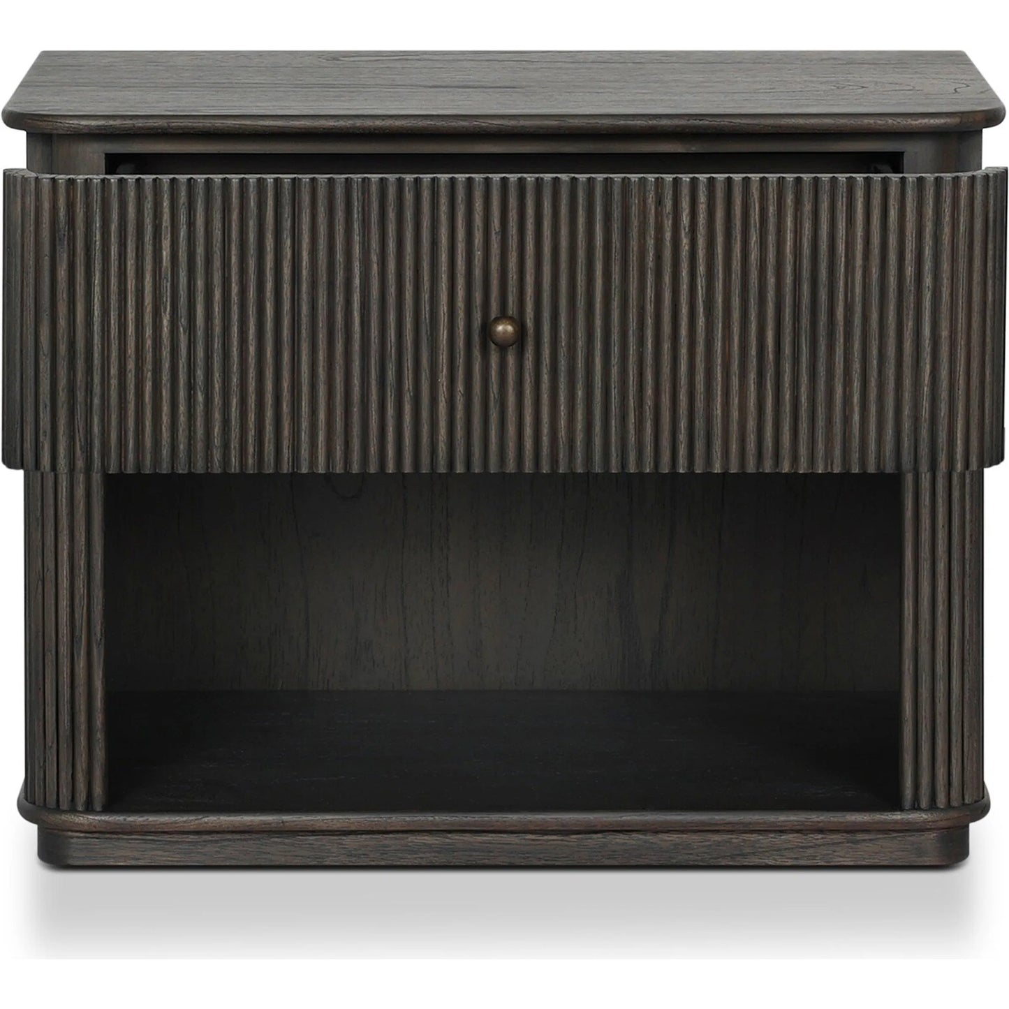 010 SI-2635235 | Closeup | Ona Nightstand by Four Hands in smoked black mindi veneer. Made from mindi veneer, solid mindi in a unique style.