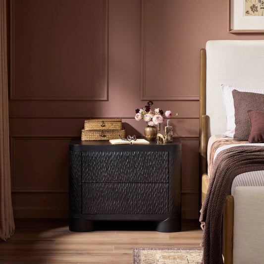 Shevall Nightstand by Four Hands in black wash, carved black mango. Made from solid mango in a transitional style.