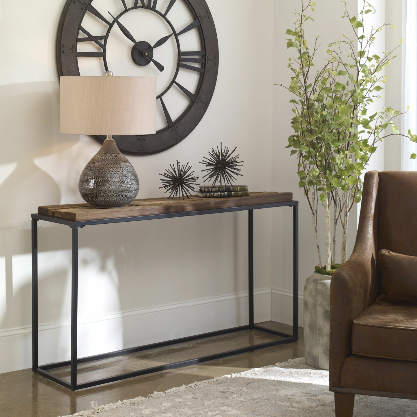 004 SI-1789780 | Lifestyle | Holston Console Table by Uttermost in satin black. Made from reclaimed wood, iron in a transitional style.