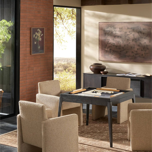 District Eight Mahjong Table by Four Hands in ebonized oak, black felt, ink black leather. Made from solid oak, 92% polyester, 8% polyamide, top grain leather in a modern style.