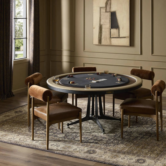 District Eight Poker Table by Four Hands in smoked oak, black felt, sepia leather. Made from solid oak, 92% polyester, 8% polyamide, top grain leather in a modern style.