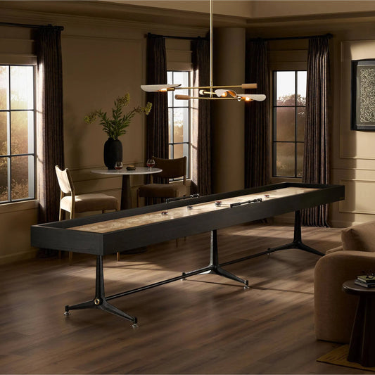 District Eight Large Shuffleboard Table by Four Hands. Made from solid oak, top grain leather, cast iron in a transitional style.