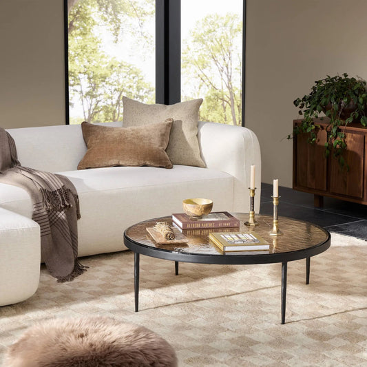 Yoko Grand Coffee Table by Four Hands in smoked brown cast glass, iron matte black. Made from cast glass, iron in a traditional style.