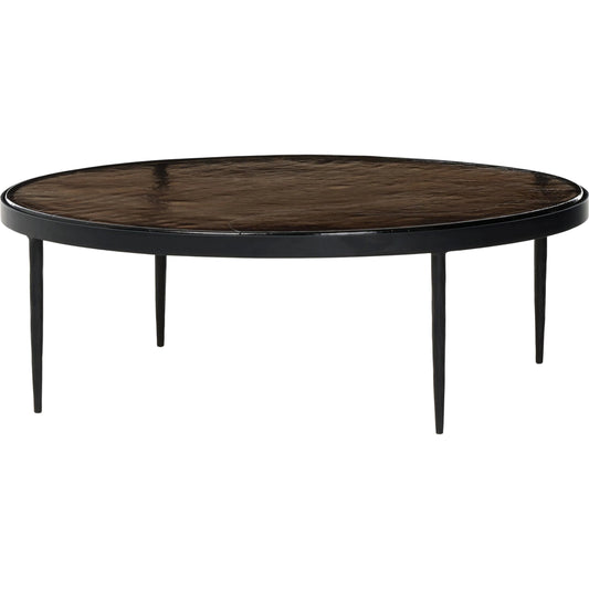 Yoko Grand Coffee Table by Four Hands in smoked brown cast glass, iron matte black. Made from cast glass, iron in a traditional style.