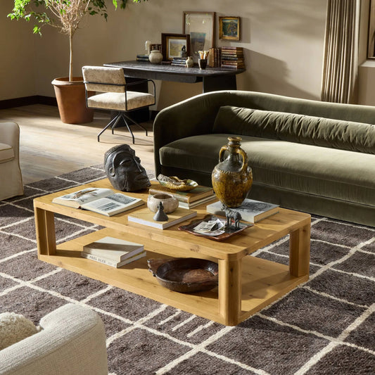 Novella Coffee Table by Four Hands in natural oak veneer thick random. Made from thick oak veneer in a transitional style.