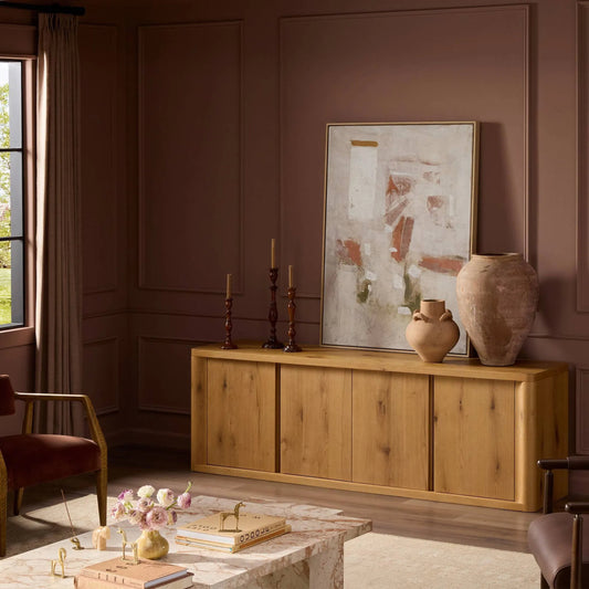 Novella Media Console by Four Hands in natural oak veneer thick random. Made from thick oak veneer in a transitional style.