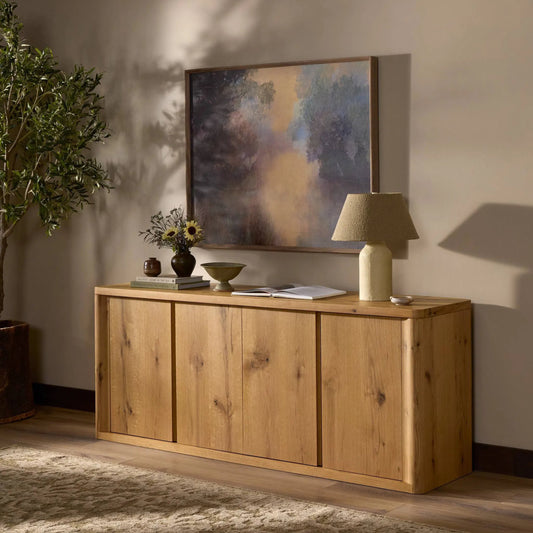 Novella Sideboard by Four Hands in natural oak veneer thick random. Made from thick oak veneer in a unique style.