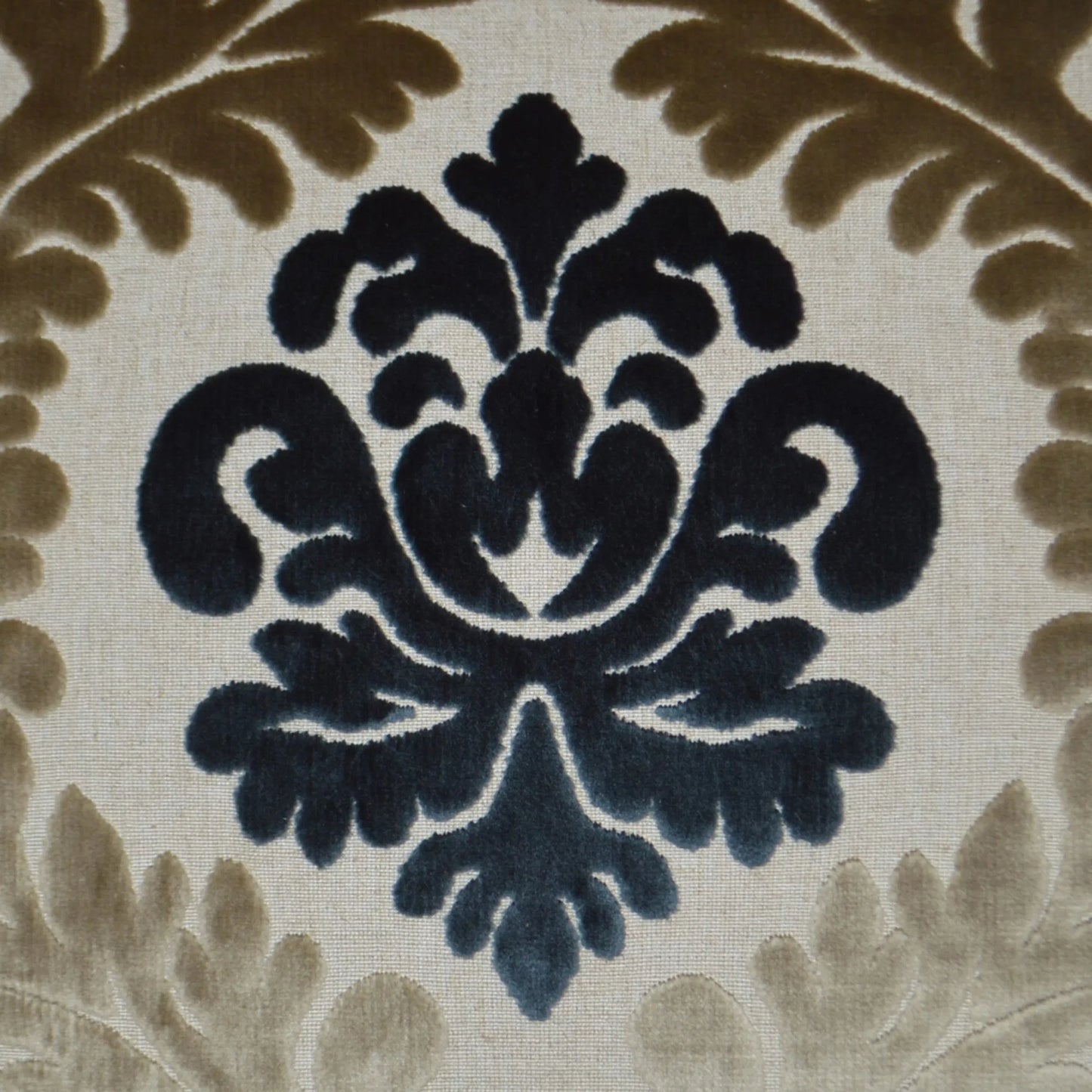 002 SI-2381675 | Closeup | Madeleine Pillow by DV Kap Home in gold, blue. Made from 35% polyester, 24% viscose, 22% acrylic, 19% linen in a traditional style.