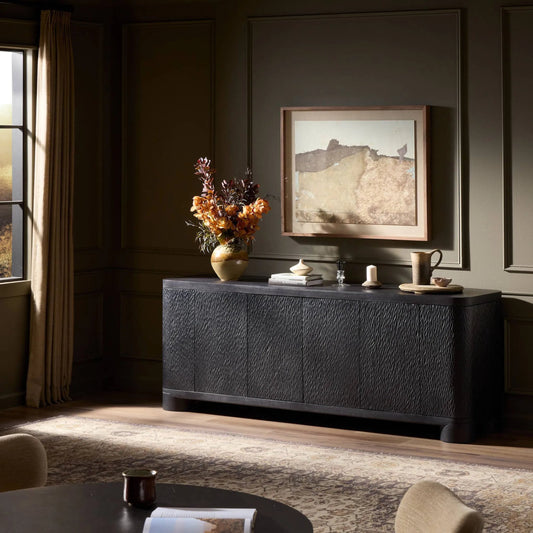 Shevall Sideboard by Four Hands in black wash, carved black mango. Made from solid mango in a unique style.