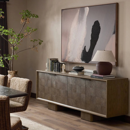 Salta Sideboard by Four Hands in brown oak thick veneer, brown oak thin oyster. Made from thick oak veneer, oak veneer, thin oyster cut in a unique style.