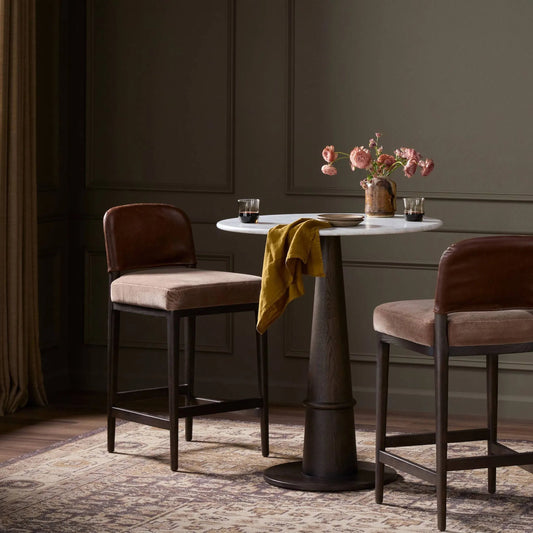 Ryver Stool by Four Hands in monte mushroom, burnt ash, dulane mahogany. Made from 50% viscose, 50% wool, solid ash, top grain leather in a unique style.