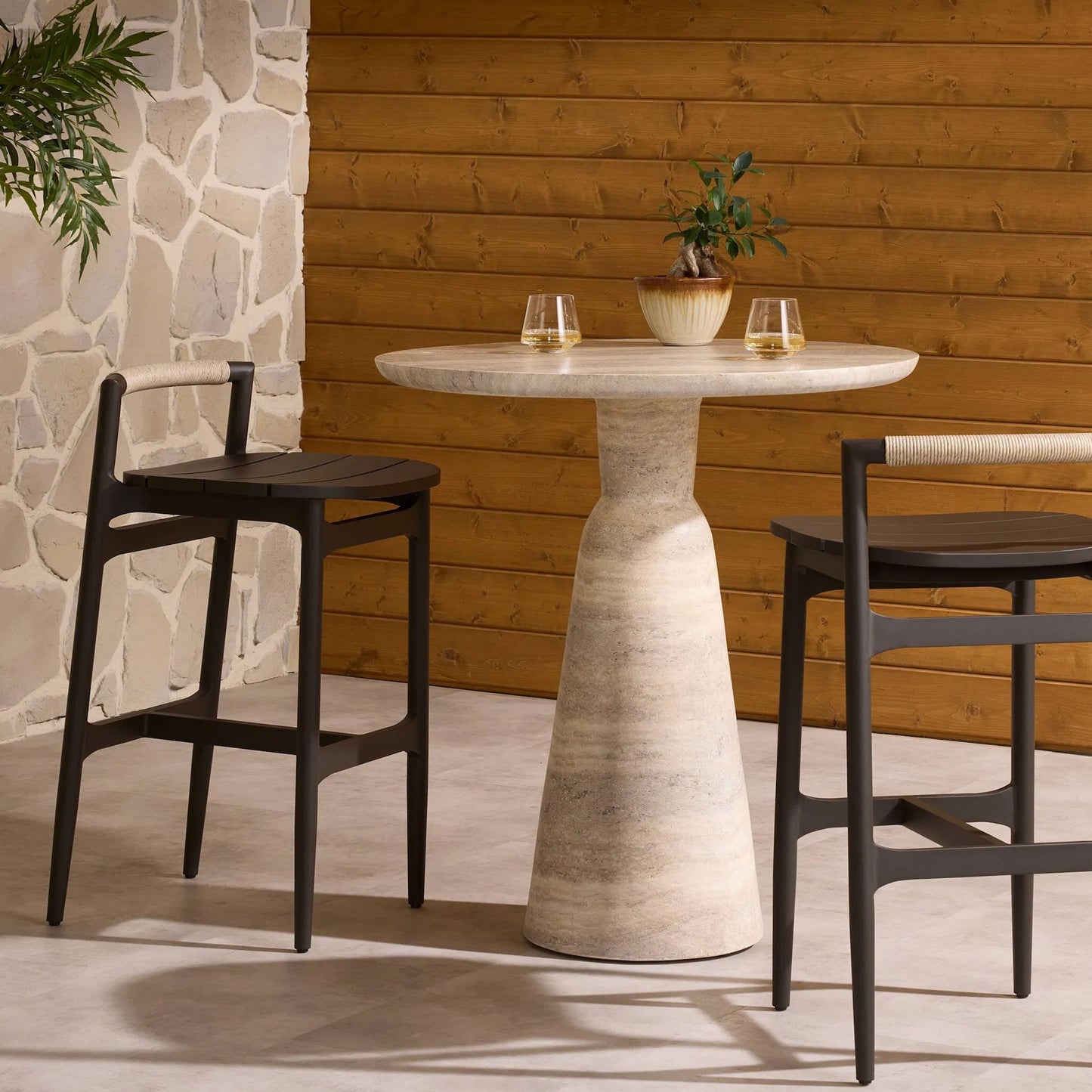 012 SI-2531590 | Lifestyle | Baden Outdoor Metal Bar Stool by Four Hands in vintage white, bronze. Made from 100% polyethylene, aluminum in a unique style.