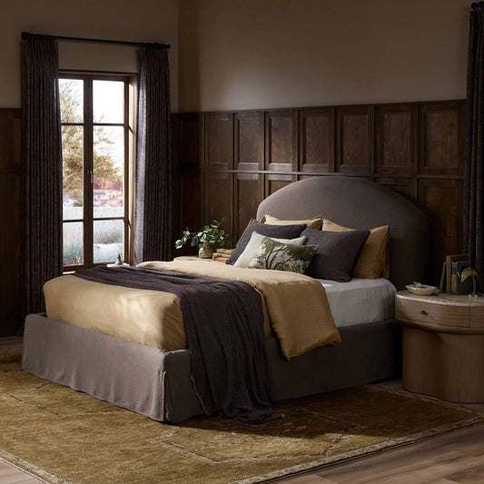 Oasley Slipcover Bed by Four Hands. Made from 61% polyester, 31% viscose (rayon), 8% flax/linen, solid parawood in a unique style.