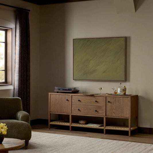 Kenzo Media Console by Four Hands in warm natural oak veneer, natural paper cord. Made from thick oak veneer, rush, solid oak in a unique style.