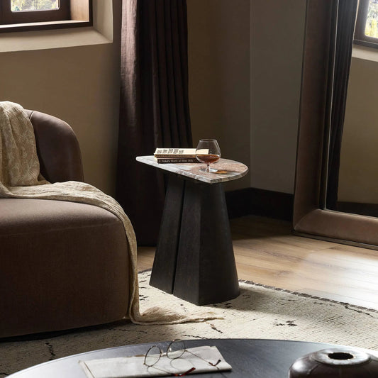 Valentina End Table by Four Hands in textured smoke and russet, distressed bronze. Made from solid marble, aluminum in a unique style.