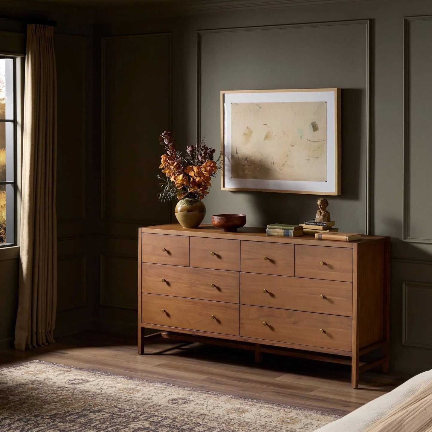 016 SI-2531705 | Lifestyle | Sullivan 8 Drawer Dresser by Four Hands in saddle tan veneer. Made from acacia veneer, solid acacia in a unique style.