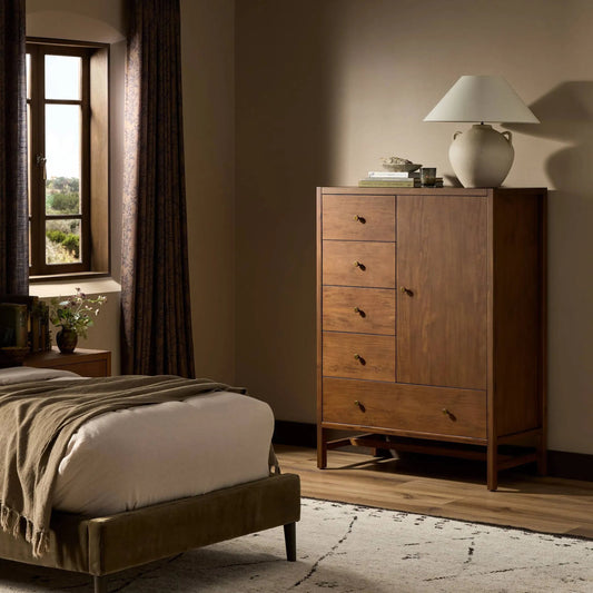 Sullivan Chest by Four Hands in saddle tan veneer. Made from acacia veneer, solid acacia in a unique style.