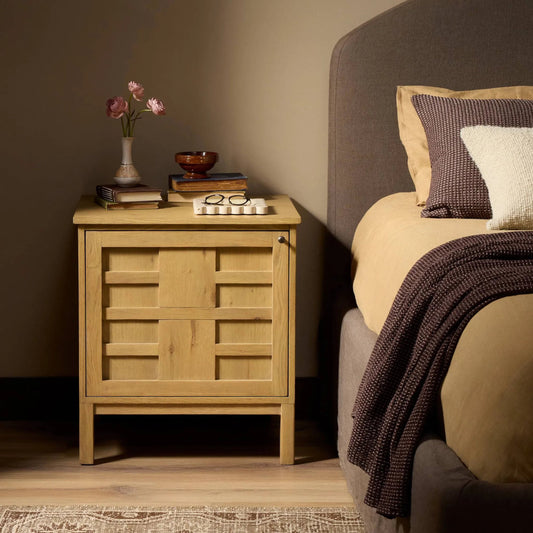 Alessio Nightstand by Four Hands in aged natural oak, aged natural oak veneer. Made from solid oak, thick oak veneer in a unique style.