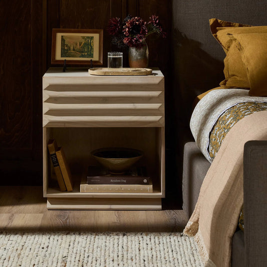 Tussac Nightstand by Four Hands in natural white neem, carved natural white neem. Made from solid neem wood in a traditional style.