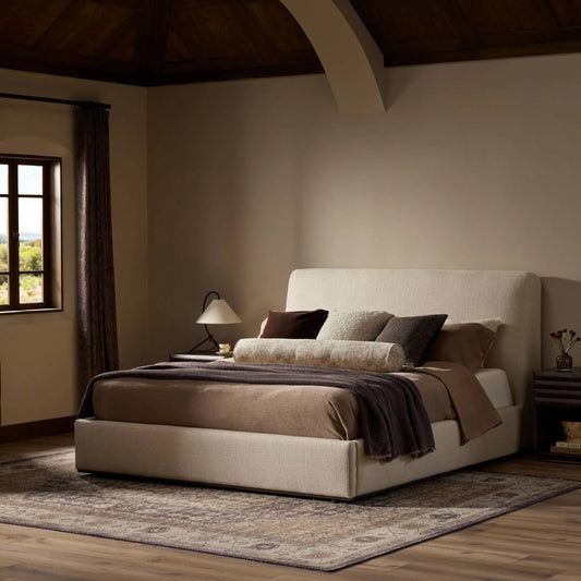 Colt Platform Bed by Four Hands in irving flax, aged sienna. Made from 56% polyester, 44% acrylic, solid rosa morada in a unique style.