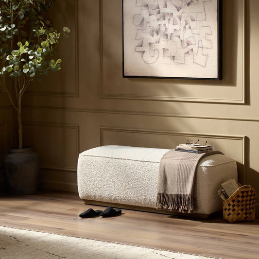 Sinclair Accent Bench by Four Hands in knoll natural, distressed natural. Made from 95% polyester, 5% acrylic, solid parawood in a unique style.