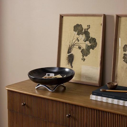Romeda Bowl by Four Hands in polished aluminum, black marble. Made from aluminum, solid marble in a unique style.