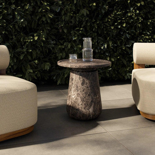 Claire Outdoor End Table by Four Hands in veined brown concrete. Made from solid concrete in a unique style.
