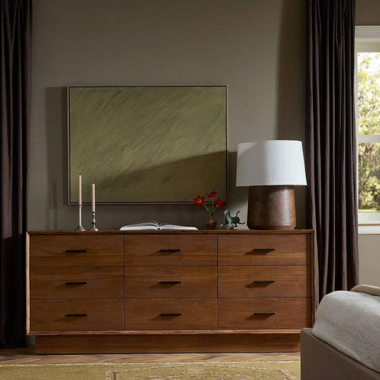 Lilas 9 Drawer Dresser by Four Hands in saddle tan veneer. Made from acacia veneer, solid acacia in a unique style.