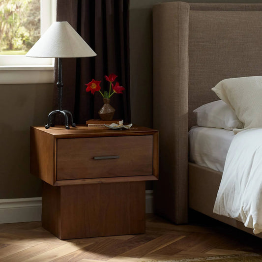 Lilas Nightstand by Four Hands in saddle tan veneer. Made from acacia veneer, solid acacia in a unique style.