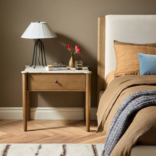 Joah Nightstand by Four Hands in antique white marble, light brown oak. Made from solid marble, solid oak in a unique style.