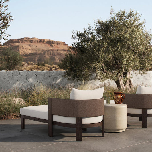 Delancy Outdoor Chaise by Four Hands in arashi salt, stained saddle brown-fsc, tanned weave. Made from 100% acrylic, solid fsc®-certified teak, 100% polyethylene in a unique style.