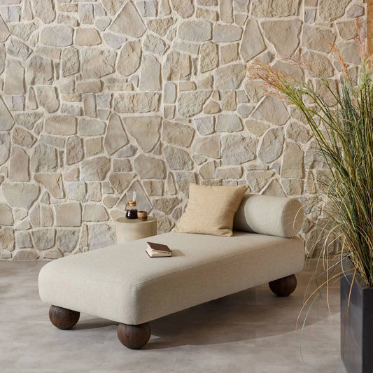 Leilani Outdoor Chaise by Four Hands in alessi buff, stained saddle brown. Made from 100% polypropylene, solid teak in a unique style.