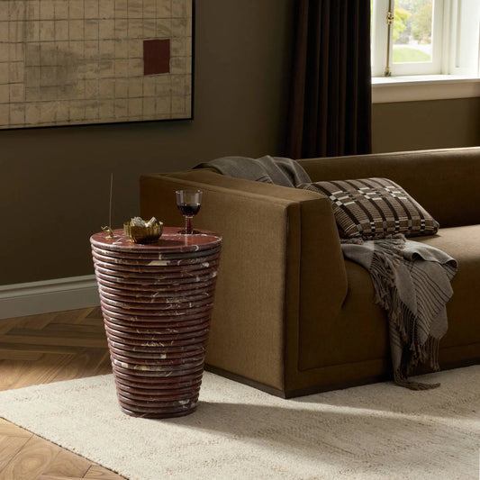 Reeves Large End Table by Four Hands in cordovan marble. Made from solid marble in a unique style.