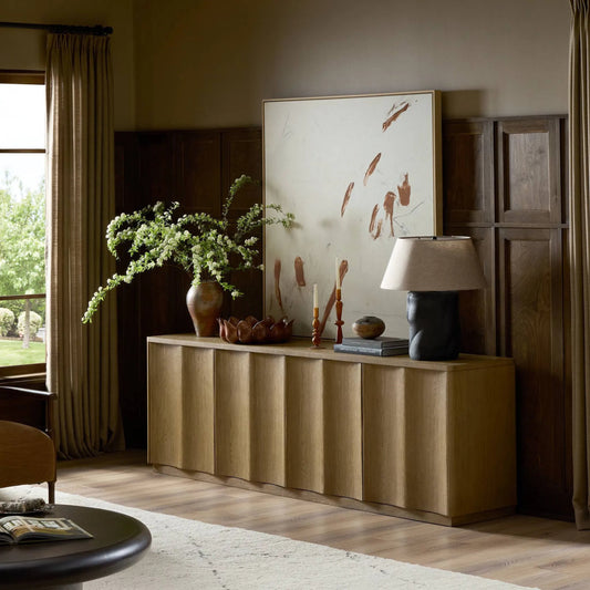 Brookhurst Media Console by Four Hands in drifted oak veneer. Made from oak veneer in a unique style.