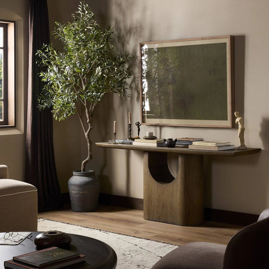 Bevie Console Table by Four Hands in brown oak, brown oak veneer. Made from solid oak, thick oak veneer in a modern style.