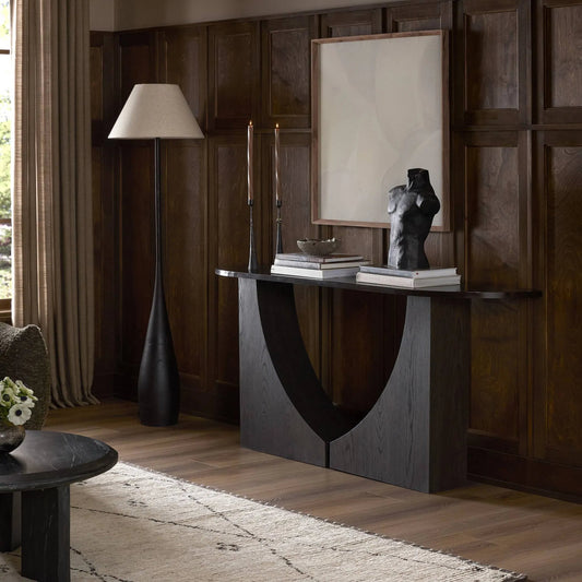Maly Console Table by Four Hands in coffee iron, espresso oak veneer. Made from iron, oak veneer in a modern style.