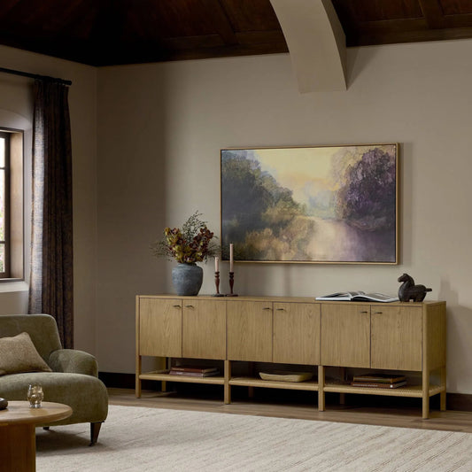 Zuma 6 Door Sideboard by Four Hands in dune ash veneer, natural paper cord. Made from ash veneer, rush, solid ash in a unique style.