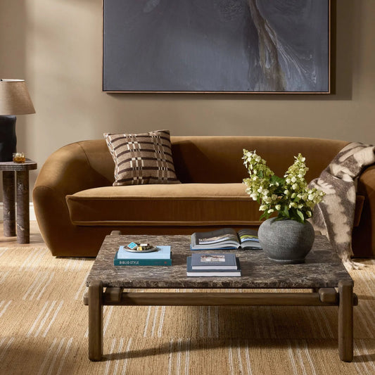 Marcia Square Marble Coffee Table by Four Hands in brown emperador marble, grey reclaimed french oak. Made from solid marble, solid reclaimed oak in a unique style.