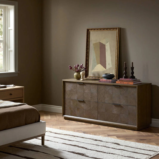 Salta 4 Drawer Dresser by Four Hands in brown oak thin oyster, brown oak thick veneer. Made from oak veneer, thin oyster cut, thick oak veneer in a unique style.