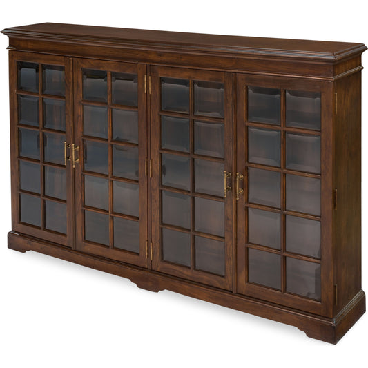 Carmel-By-The-Sea Bookcase by Sarreid Ltd. in brown and 4 adj.shelves walnut finish. Made from brass, glass, solid walnut in a traditional style.