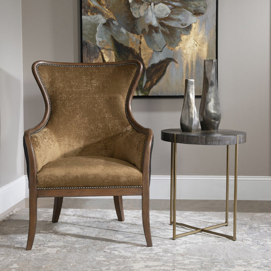 Taja Round Accent Table by Uttermost in dark walnut, gray. Made from stainless steel, acacia veneered mdf top in a modern style.